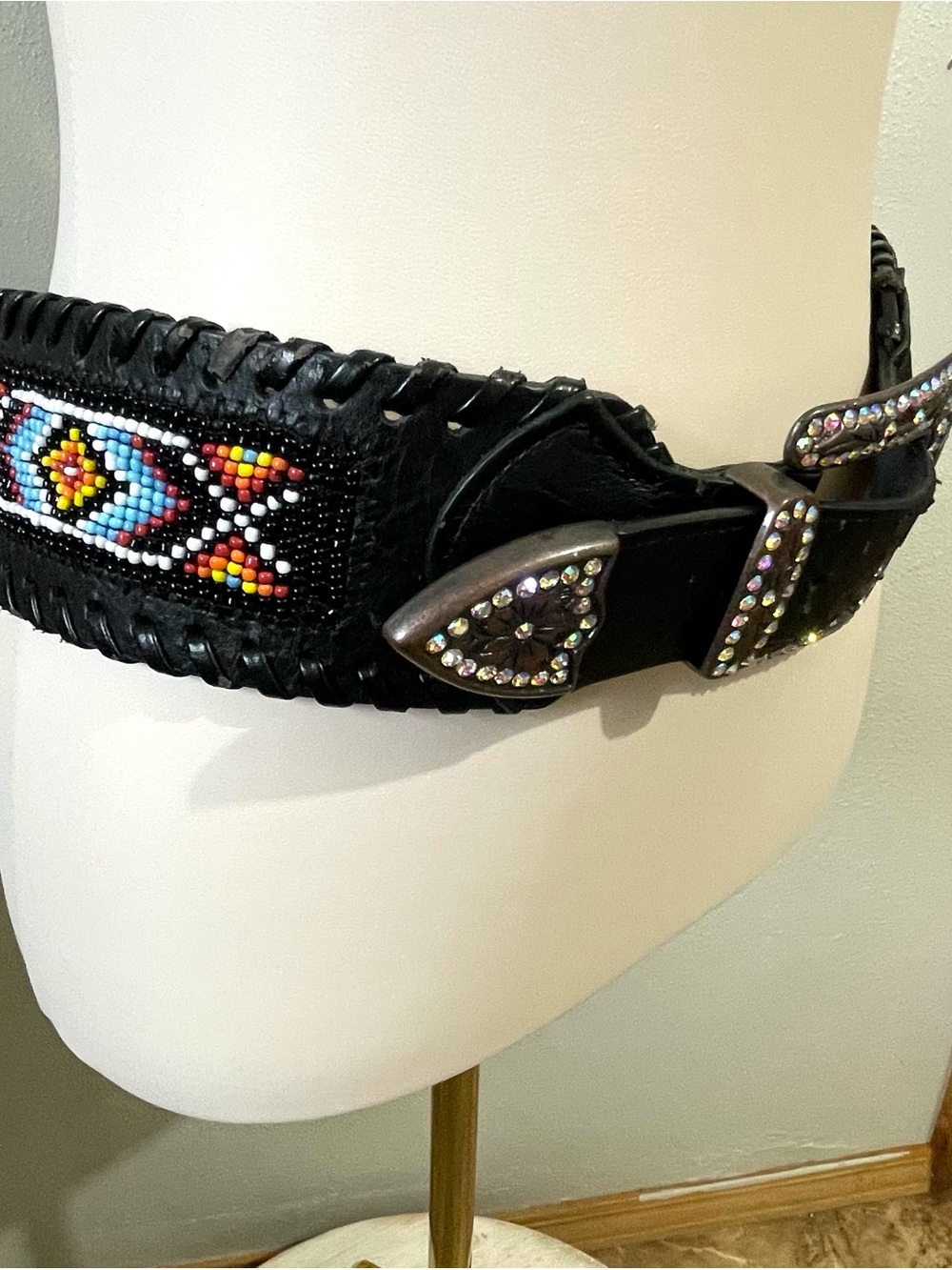 Black Genuine Leather Beaded Western Belt Whip Stitch Rhinestone Buckle Cowgirl